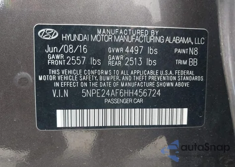 2017 Hyundai Sonata Se from USA, damaged, VIN 5NPE24AF6HH456724